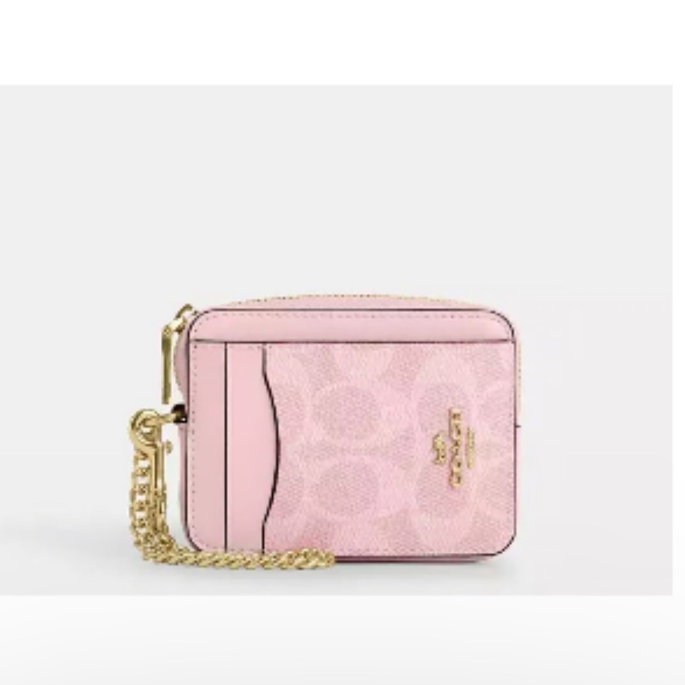 Coach Zip Card Case In Signature Canvas Powder Pink